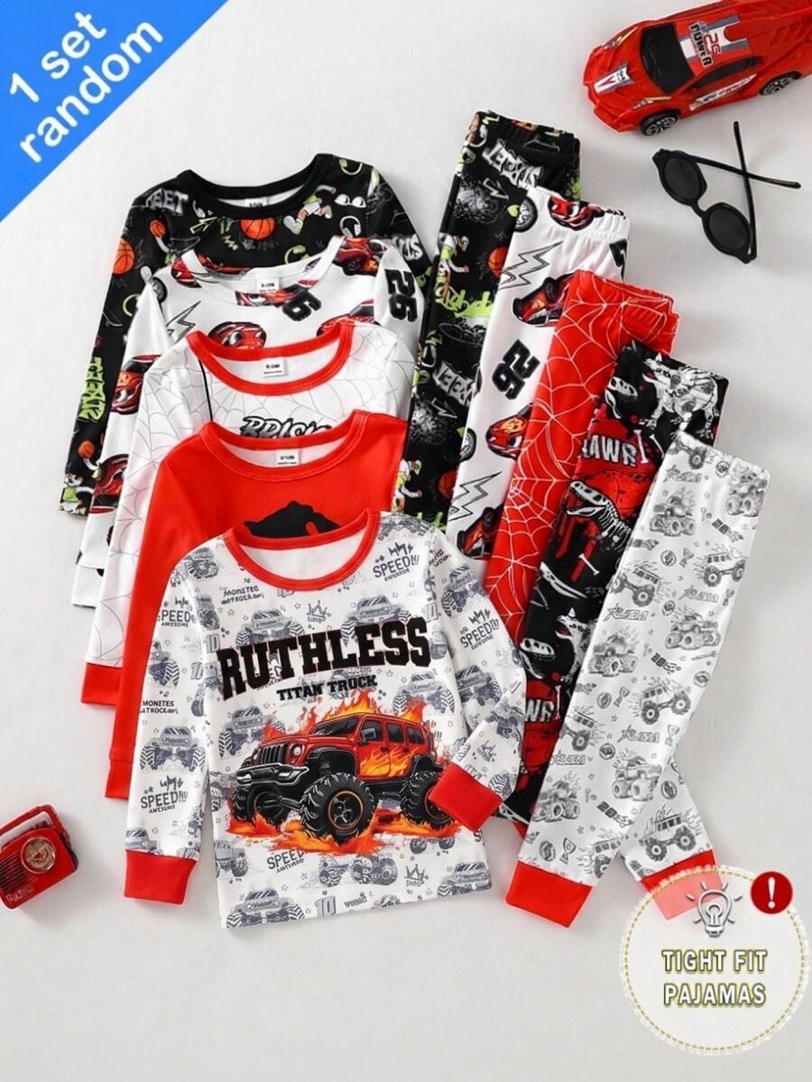 Baby Boy Random Cartoon Car Graphic Contrast Binding Pajamas Set Sleep Night White Autumn Cute Cartoon,Back To School,Halloween,Snug Fit - White - View 1