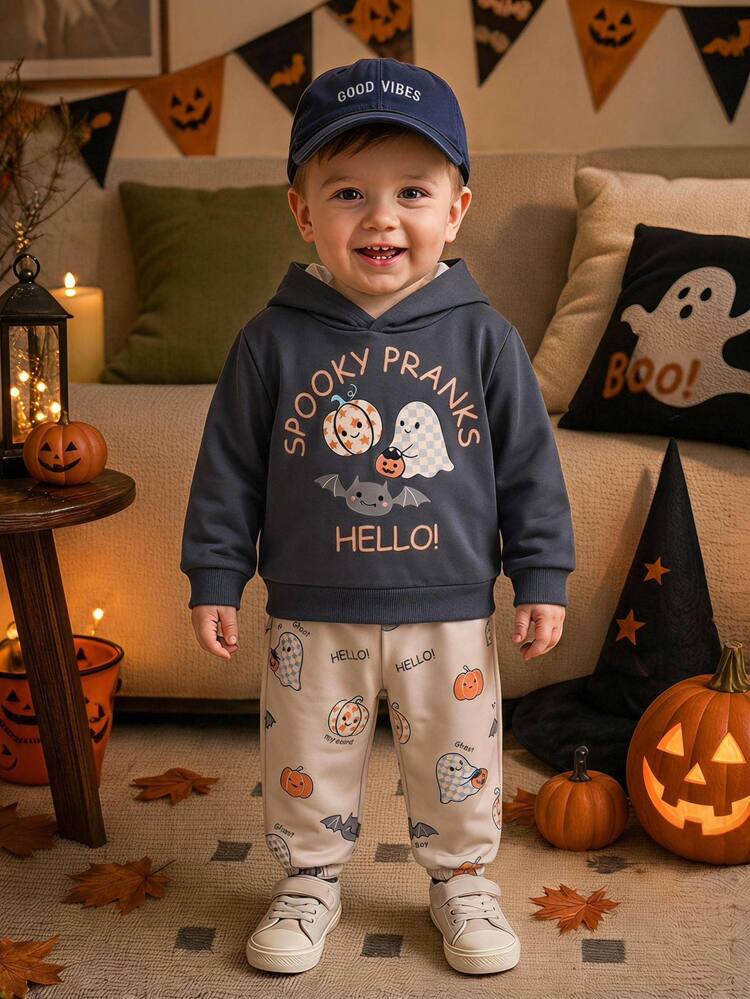 Baby Boys Cartoon Pattern Hooded Sweatshirt & Cuffed Pants Casual Comfortable Set - Multicolor - View 4