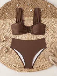 Swim Mod Springbreak Women's New Summer Random Ditsy Floral V-Neck Halter Bikini Set - Coffee Brown - View 3