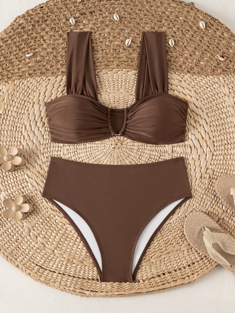 Swim Mod Springbreak Women's New Summer Random Ditsy Floral V-Neck Halter Bikini Set - Coffee Brown - View 3