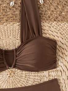 Swim Mod Springbreak Women's New Summer Random Ditsy Floral V-Neck Halter Bikini Set - Coffee Brown - View 6