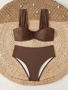 Swim Mod Springbreak Women's New Summer Random Ditsy Floral V-Neck Halter Bikini Set - Coffee Brown - View 4