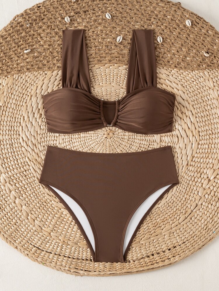 Swim Mod Springbreak Women's New Summer Random Ditsy Floral V-Neck Halter Bikini Set - Coffee Brown - View 4