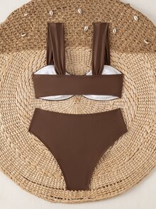 Swim Mod Springbreak Women's New Summer Random Ditsy Floral V-Neck Halter Bikini Set - Coffee Brown - View 2