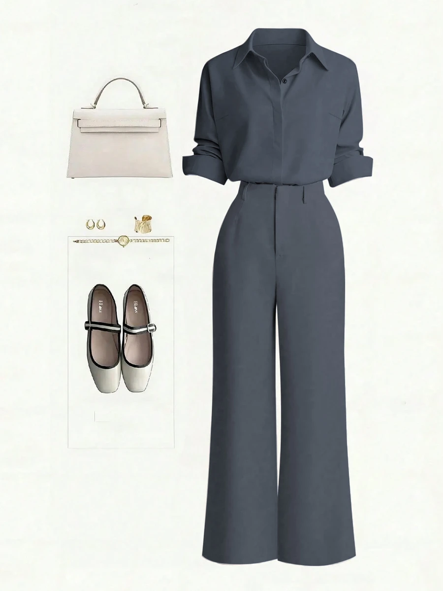 Zovinel New Button-Up Solid Color Shirt And Straight Leg Casual Pants Set