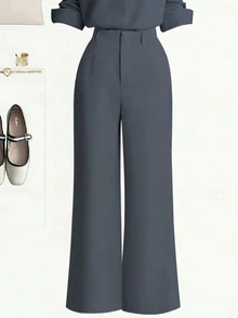 Zovinel New Button-Up Solid Color Shirt And Straight Leg Casual Pants Set - Grey - View 5