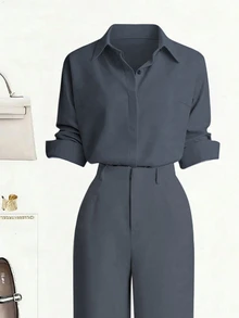 Zovinel New Button-Up Solid Color Shirt And Straight Leg Casual Pants Set - Grey - View 4