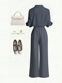 Zovinel New Button-Up Solid Color Shirt And Straight Leg Casual Pants Set - Grey - View 3