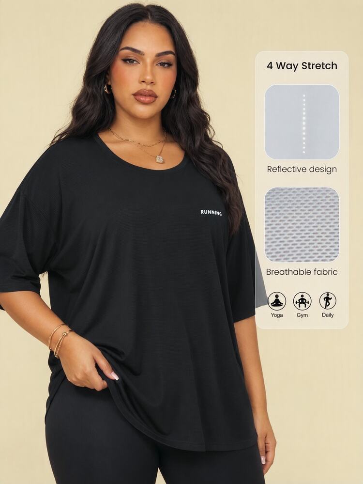 SHEIN Rhythm Era Plus Size Sports Tops Huruf - Hitam - View 1
