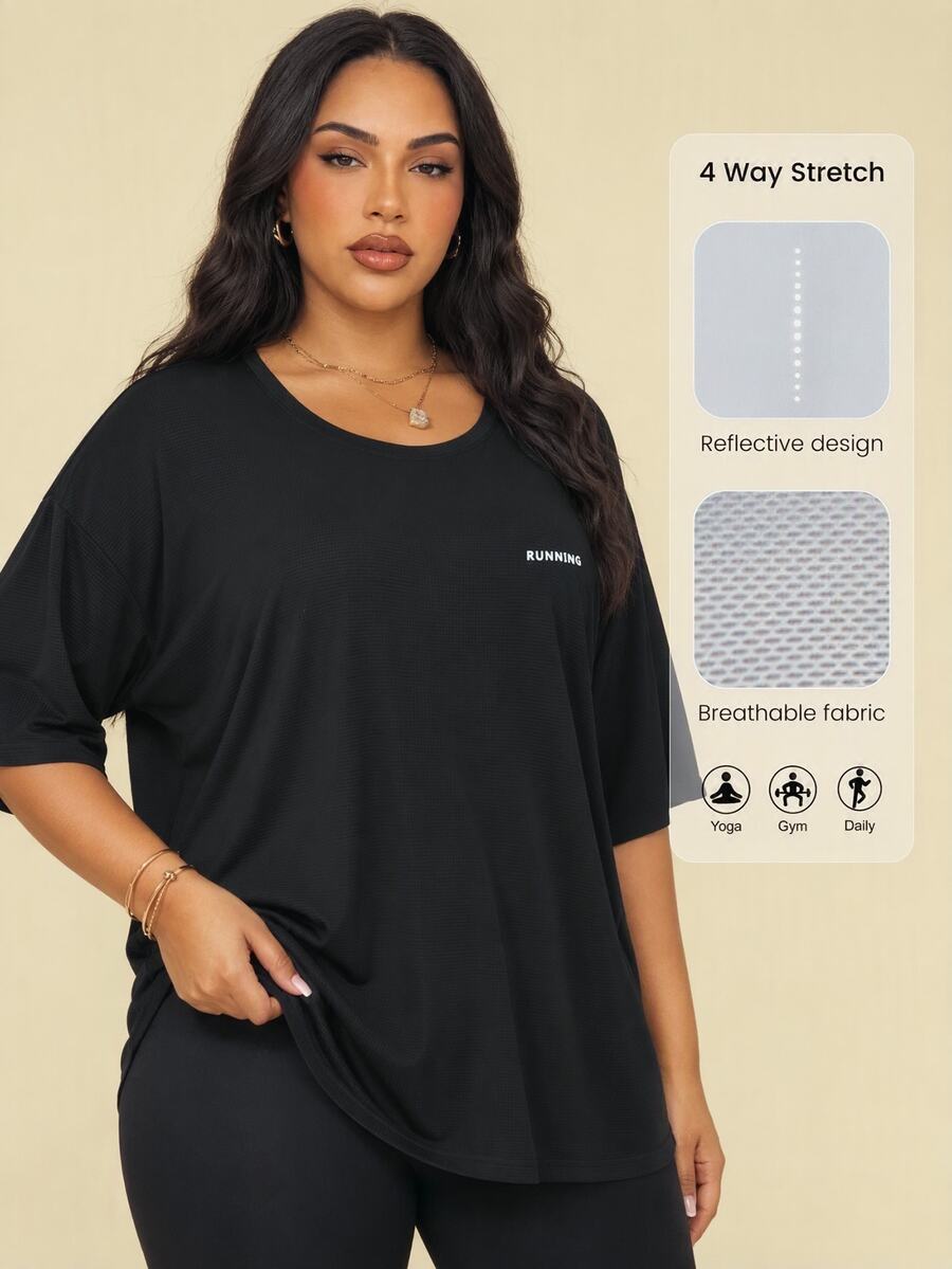 SHEIN Rhythm Era Plus Breathable Lightweight Letter Graphic Sports Tee Glowmode Katseye - Black - View 1