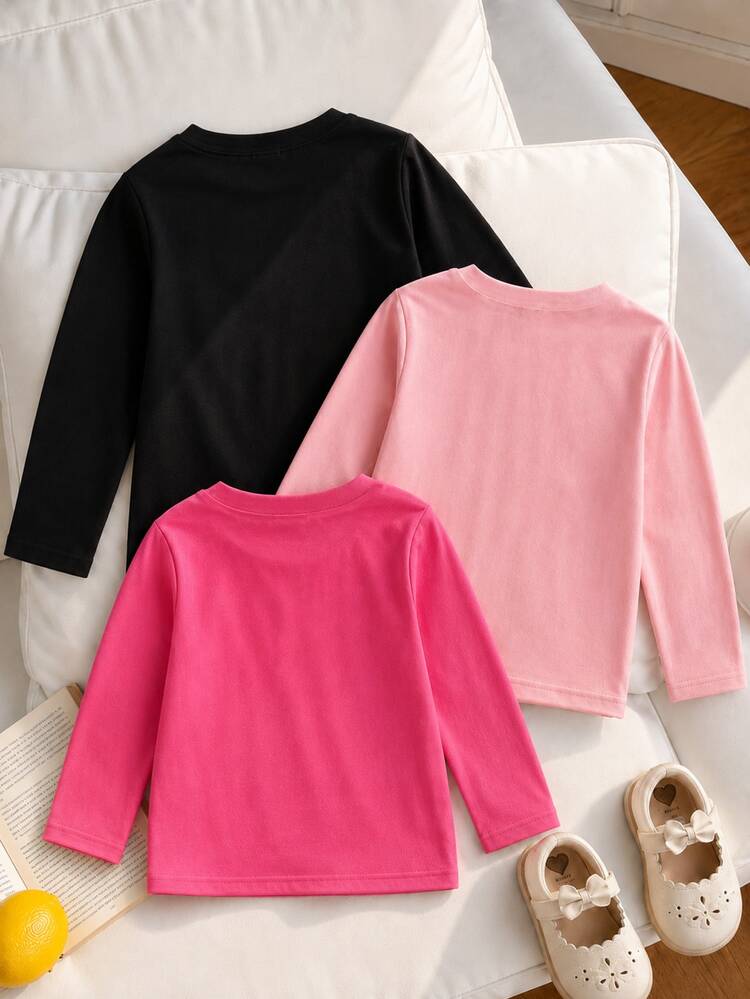 3pcs/Set Baby Girl Light Pink Unicorn Graphic Long Sleeve Knit Pullover T-Shirts Casual Cute Autumn Crew Neck Tops For 6M-3T Birthday Black Hot Pink - Multicolor - View 2
