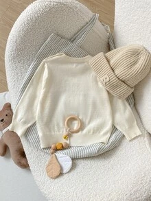 SHEIN 嬰兒/幼兒(男孩)卡其色熊刺繡線條縫線套頭長袖毛衣，適合秋冬穿著，可搭配棉襖內穿或單穿 - 卡其色 - 查看 2