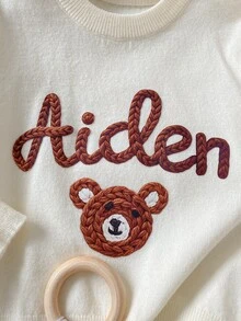 SHEIN 嬰兒/幼兒(男孩)卡其色熊刺繡線條縫線套頭長袖毛衣，適合秋冬穿著，可搭配棉襖內穿或單穿 - 卡其色 - 查看 8