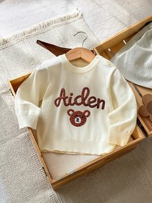 SHEIN 嬰兒/幼兒(男孩)卡其色熊刺繡線條縫線套頭長袖毛衣，適合秋冬穿著，可搭配棉襖內穿或單穿 - 卡其色 - 查看 5
