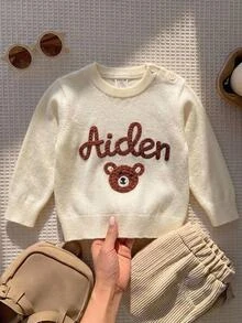 SHEIN 嬰兒/幼兒(男孩)卡其色熊刺繡線條縫線套頭長袖毛衣，適合秋冬穿著，可搭配棉襖內穿或單穿 - 卡其色 - 查看 1