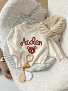 SHEIN 嬰兒/幼兒(男孩)卡其色熊刺繡線條縫線套頭長袖毛衣，適合秋冬穿著，可搭配棉襖內穿或單穿 - 卡其色 - 查看 6