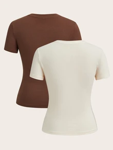 Tseoso 2pcs/Set Basic Crew Neck Short Sleeve Tees, Brown & Light Apricot, Casual & Minimalist, Suitable For Spring/Summer - Multicolor - View 3