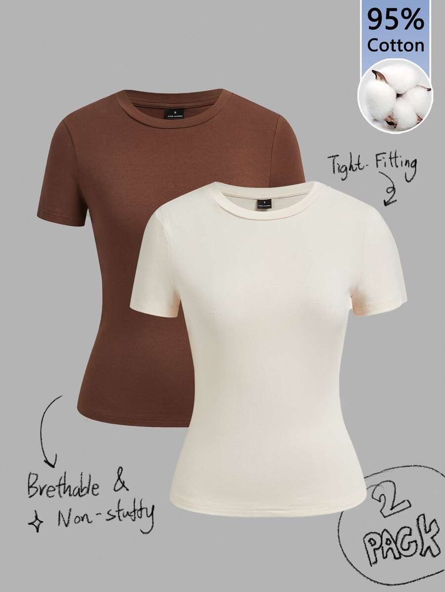 Tseoso 2pcs/Set Basic Crew Neck Short Sleeve Tees, Brown & Light Apricot, Casual & Minimalist, Suitable For Spring/Summer - Multicolor - View 1