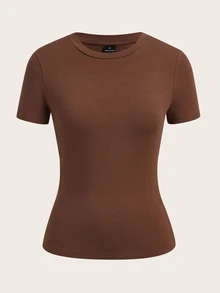Tseoso 2pcs/Set Basic Crew Neck Short Sleeve Tees, Brown & Light Apricot, Casual & Minimalist, Suitable For Spring/Summer - Multicolor - View 6