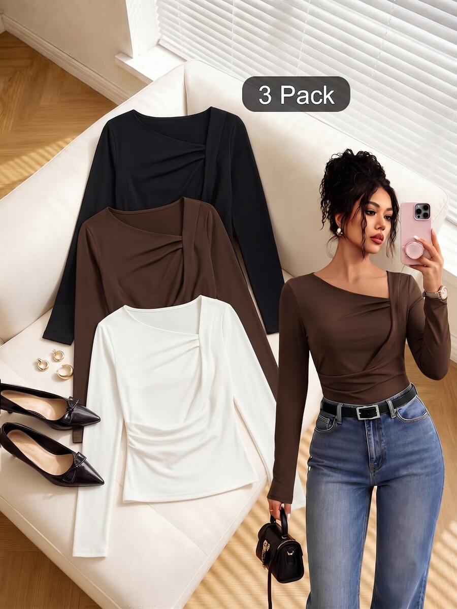 GlowEve French Elegant Asymmetric Collar Pleated Long Sleeve Top, Slim ...