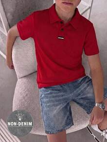 青少年男孩休閒寬鬆純色 Polo 衫與短褲 2 件套，短袖領口上衣，適合通勤、上學、日常休閒、外出、運動，春夏季適用 - 彩色 - 查看 1