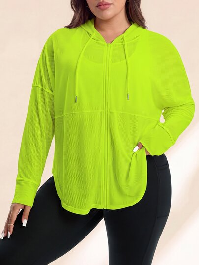 Rhythm Era Plus Size Women Neon Green Zip-Up Drawstring Hooded Mesh Breathable Sports Jacket Fall