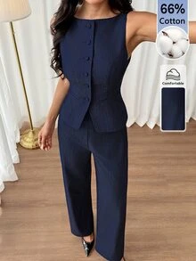 SHEIN PETITE 女款純色單排扣背心與長褲休閒套裝 - 藏蓝色 - 查看 3