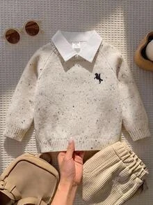嬰兒/男嬰毛衣，長袖開襟衫，花卉馬匹刺繡，適合春、秋、冬，可搭配牛仔褲、夾克、棉外套 - 彩色 - 查看 1