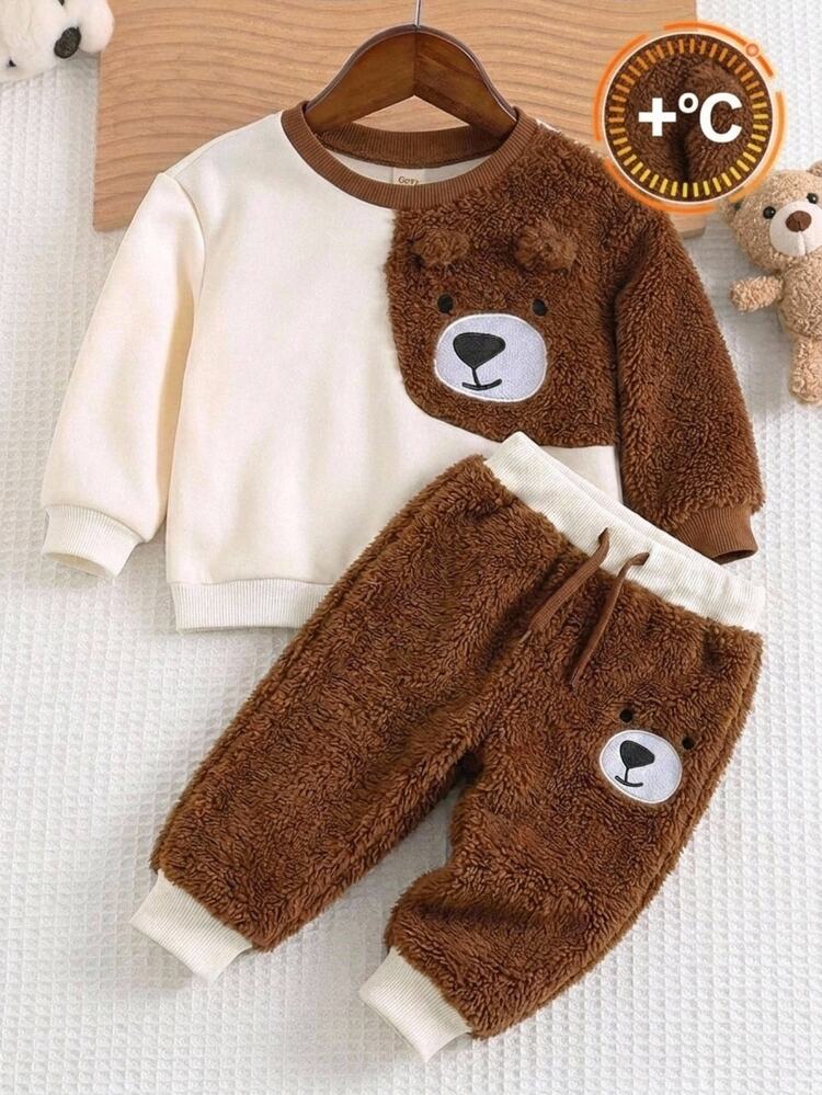 SHEIN Sweatshirt Lengan Panjang Leher Bulat Motif Kartun Beruang untuk Bayi Laki-laki, Serbaguna dan Kasual, Cocok untuk Musim Gugur/Dingin - Coffee Brown - View 1