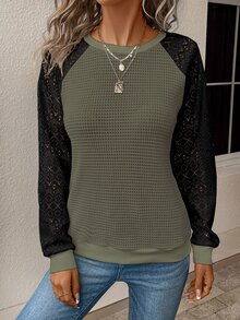 SHEIN Women's Lace Patchwork Textured Sweatshirt, Suitable For Office, School, Casual Wear Pullover Fall Sweatshirt - Army Green - View 7