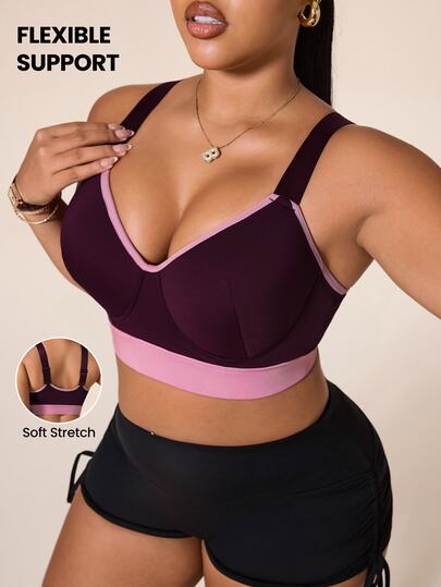SHEIN Rhythm Era Sujetador deportivo de gran talla con alto soporte, diseño de bloques de color, copas fijas, tirantes ajustables, lencería favorecedora para la espalda