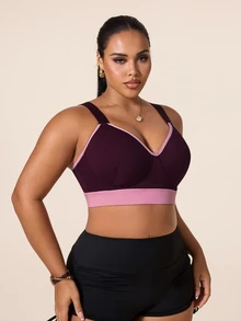 SHEIN Rhythm Era Plus Size High Support Sports Bra With Colorblock Design, Fixed Cups, Adjustable Straps, Back-Flattering Lingerie - Multicolor - View 4