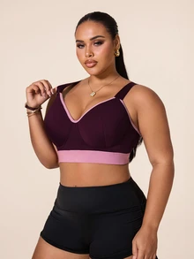 SHEIN Rhythm Era Plus Size High Support Sports Bra With Colorblock Design, Fixed Cups, Adjustable Straps, Back-Flattering Lingerie - Multicolor - View 3