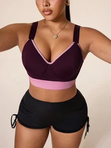 SHEIN Rhythm Era Plus Size High Support Sports Bra With Colorblock Design, Fixed Cups, Adjustable Straps, Back-Flattering Lingerie - Multicolor - View 5