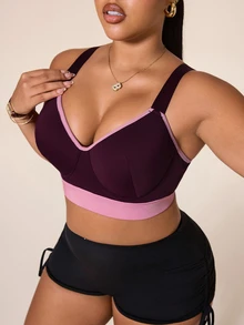 SHEIN Rhythm Era Plus Size High Support Sports Bra With Colorblock Design, Fixed Cups, Adjustable Straps, Back-Flattering Lingerie - Multicolor - View 8