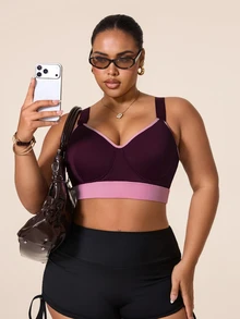 SHEIN Rhythm Era Plus Size High Support Sports Bra With Colorblock Design, Fixed Cups, Adjustable Straps, Back-Flattering Lingerie - Multicolor - View 7