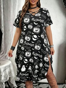 SHEIN LUNE CURVE 大尺碼女款前交叉領彎圓下擺長版洋裝，萬聖節穿搭 - 黑與白 - 查看 4