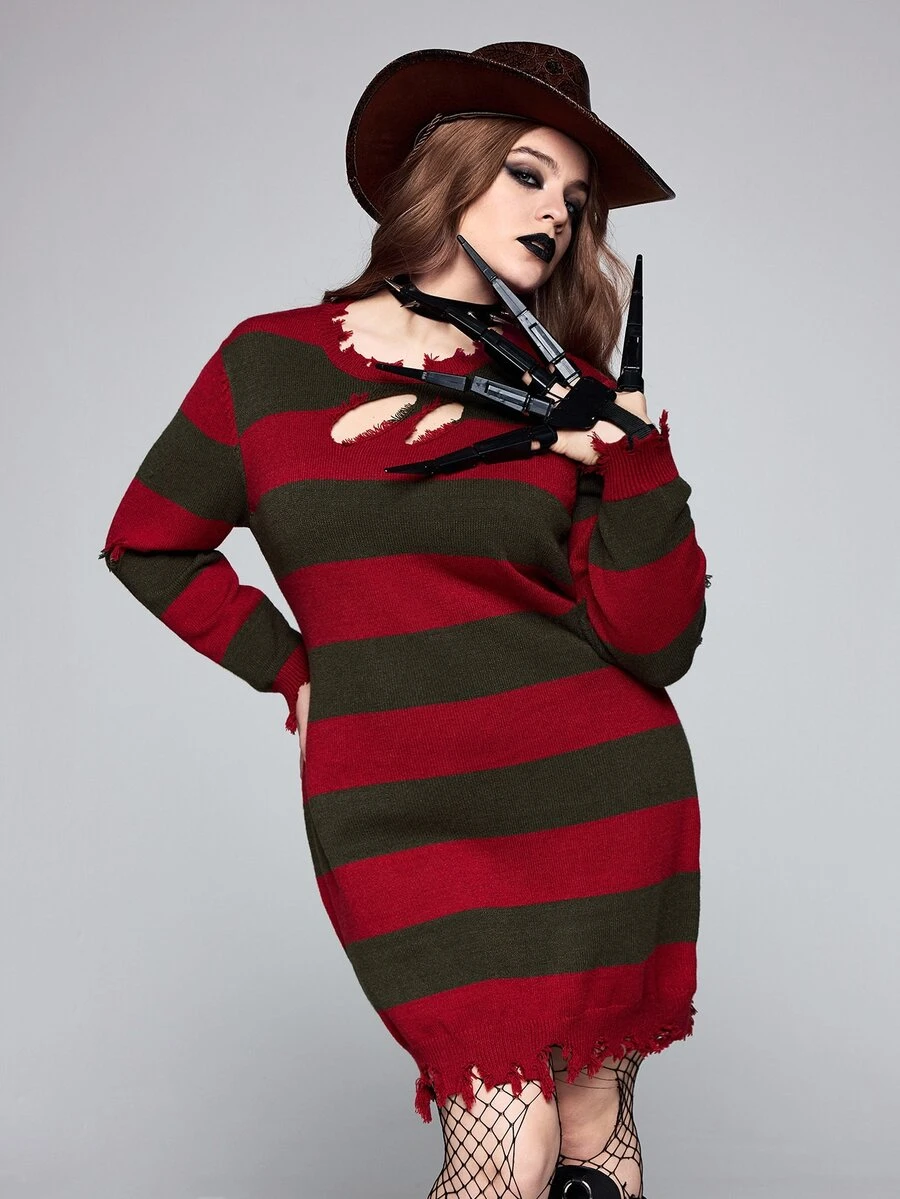 ROMWE Avant Dark Gothic Style Halloween Party Distressed Striped Asymmetrical Cut-Out Detail Slim Fit Bodycon Plus Size Sweater Dress - Multicolor - View 1
