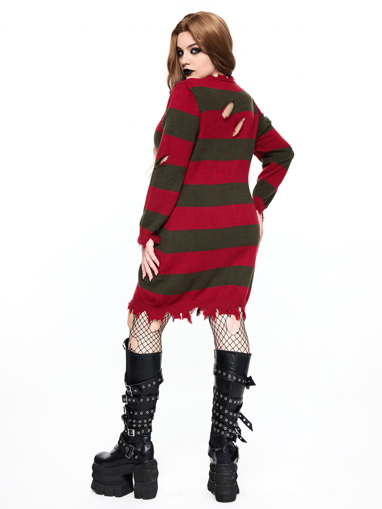 ROMWE Avant Dark Gothic Style Halloween Party Distressed Striped Asymmetrical Cut-Out Detail Slim Fit Bodycon Plus Size Sweater Dress - Multicolor - View 2