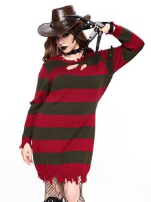 ROMWE Avant Dark Gothic Style Halloween Party Distressed Striped Asymmetrical Cut-Out Detail Slim Fit Bodycon Plus Size Sweater Dress - Multicolor - View 7