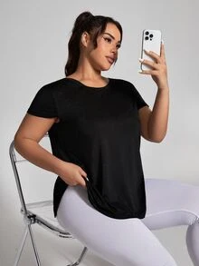 Rhythm Era Plus Size Athletic Short Sleeve Jacquard Fashionable Loose & Comfortable T-Shirt Top With Beautiful Back Gym Women Shirts - Black - View 2