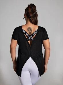 Rhythm Era Plus Size Athletic Short Sleeve Jacquard Fashionable Loose & Comfortable T-Shirt Top With Beautiful Back Gym Women Shirts - Black - View 3