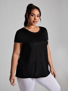 Rhythm Era Plus Size Athletic Short Sleeve Jacquard Fashionable Loose & Comfortable T-Shirt Top With Beautiful Back Gym Women Shirts - Black - View 4