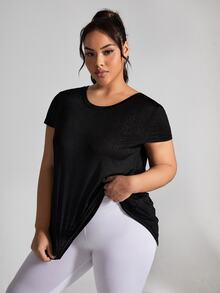 Rhythm Era Plus Size Athletic Short Sleeve Jacquard Fashionable Loose & Comfortable T-Shirt Top With Beautiful Back Gym Women Shirts - Black - View 8