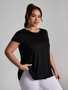 Rhythm Era Plus Size Athletic Short Sleeve Jacquard Fashionable Loose & Comfortable T-Shirt Top With Beautiful Back Gym Women Shirts - Black - View 6