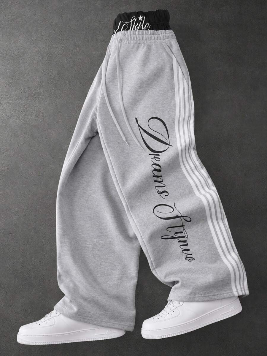 STYNVO Men's Letter Print Drawstring Waist Pocket Wide Leg Casual Sweatpants - Grey - View 1
