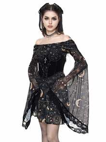 ROMWE Gothic Retro Mysterious Star & Moon Allover Print Off Shoulder Bell Sleeve Mesh A-Line Dress - Black - View 4