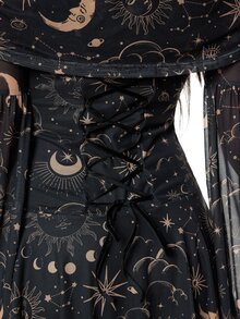 ROMWE Gothic Retro Mysterious Star & Moon Allover Print Off Shoulder Bell Sleeve Mesh A-Line Dress - Black - View 3