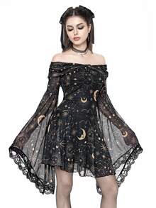 ROMWE Gothic Retro Mysterious Star & Moon Allover Print Off Shoulder Bell Sleeve Mesh A-Line Dress - Black - View 5