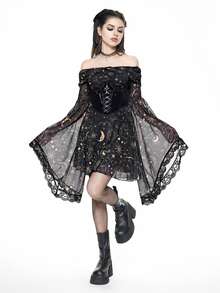 ROMWE Gothic Retro Mysterious Star & Moon Allover Print Off Shoulder Bell Sleeve Mesh A-Line Dress - Black - View 6